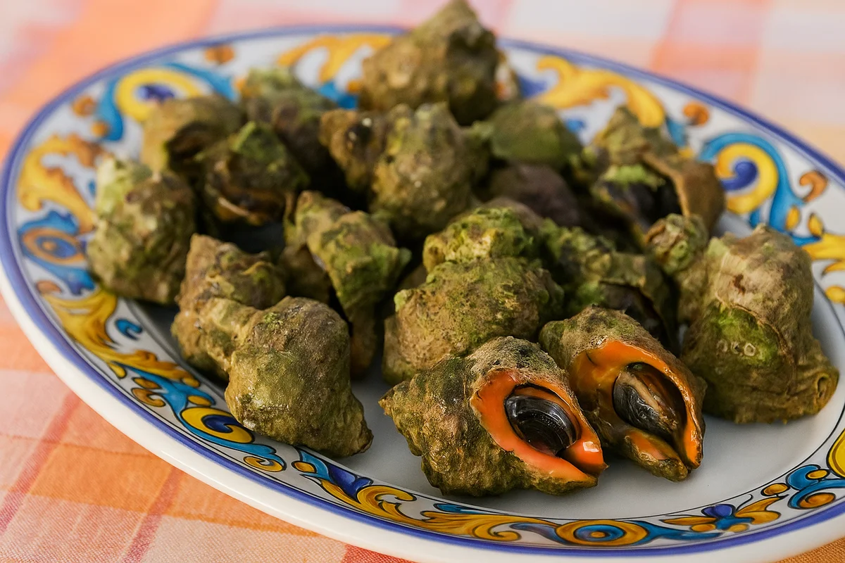 Boiled sea whelks served on a Sicilian ceramic plate