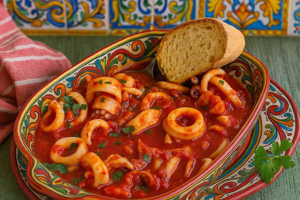 Messina-style calamari served in a traditional terracotta dish