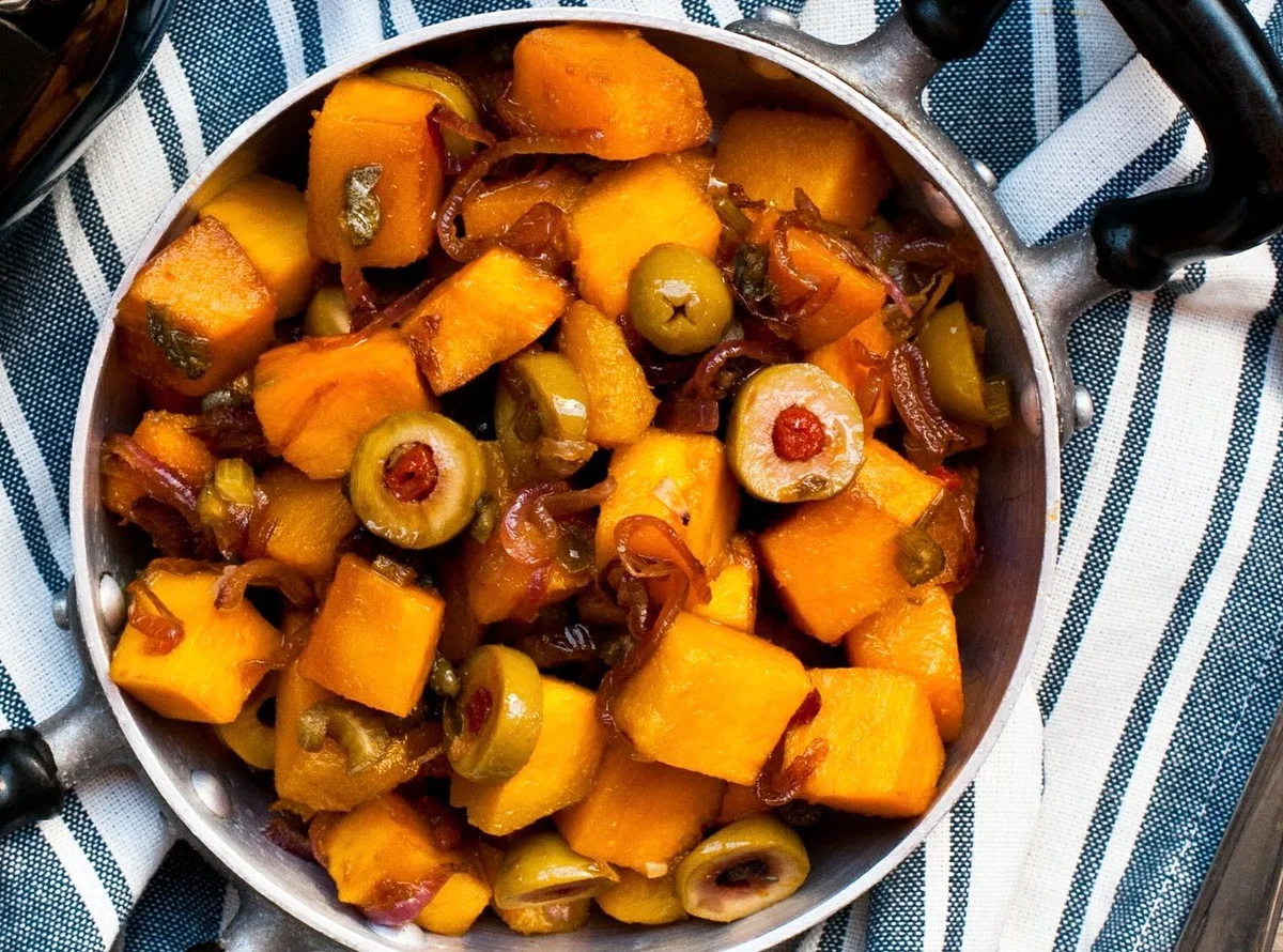 Sicilian golden pumpkin caponata with olives and capers
