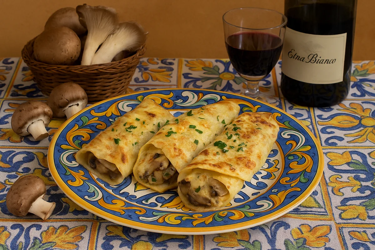 Baked mushroom crêpes with melted cheese and parsley
