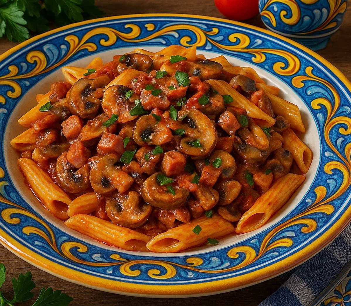 Piatto di pasta al sugo di funghi e pancetta