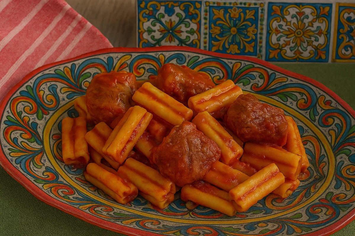 Pasta cinque buchi alla catanese con sugo di carne
