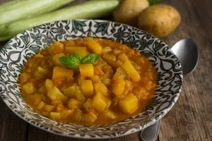 Pasta with Potatoes, Sicilian Snake Courgette and Fresh Tomatoes