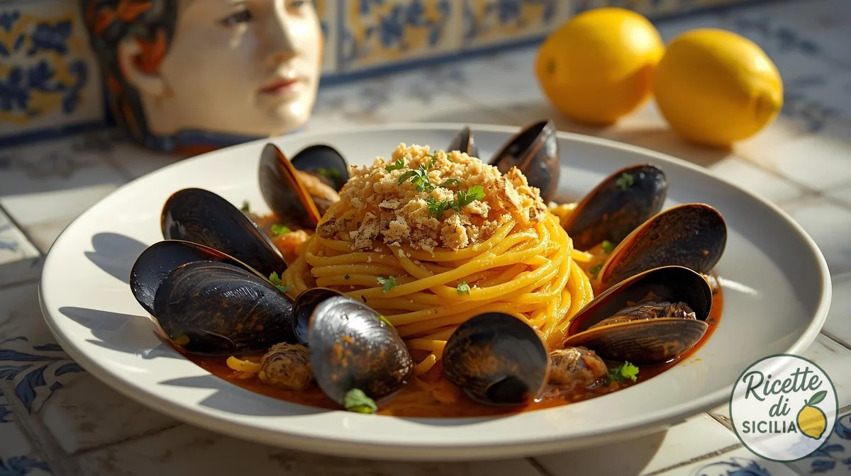Spaghetti siciliani con cozze, vongole e pangrattato tostato