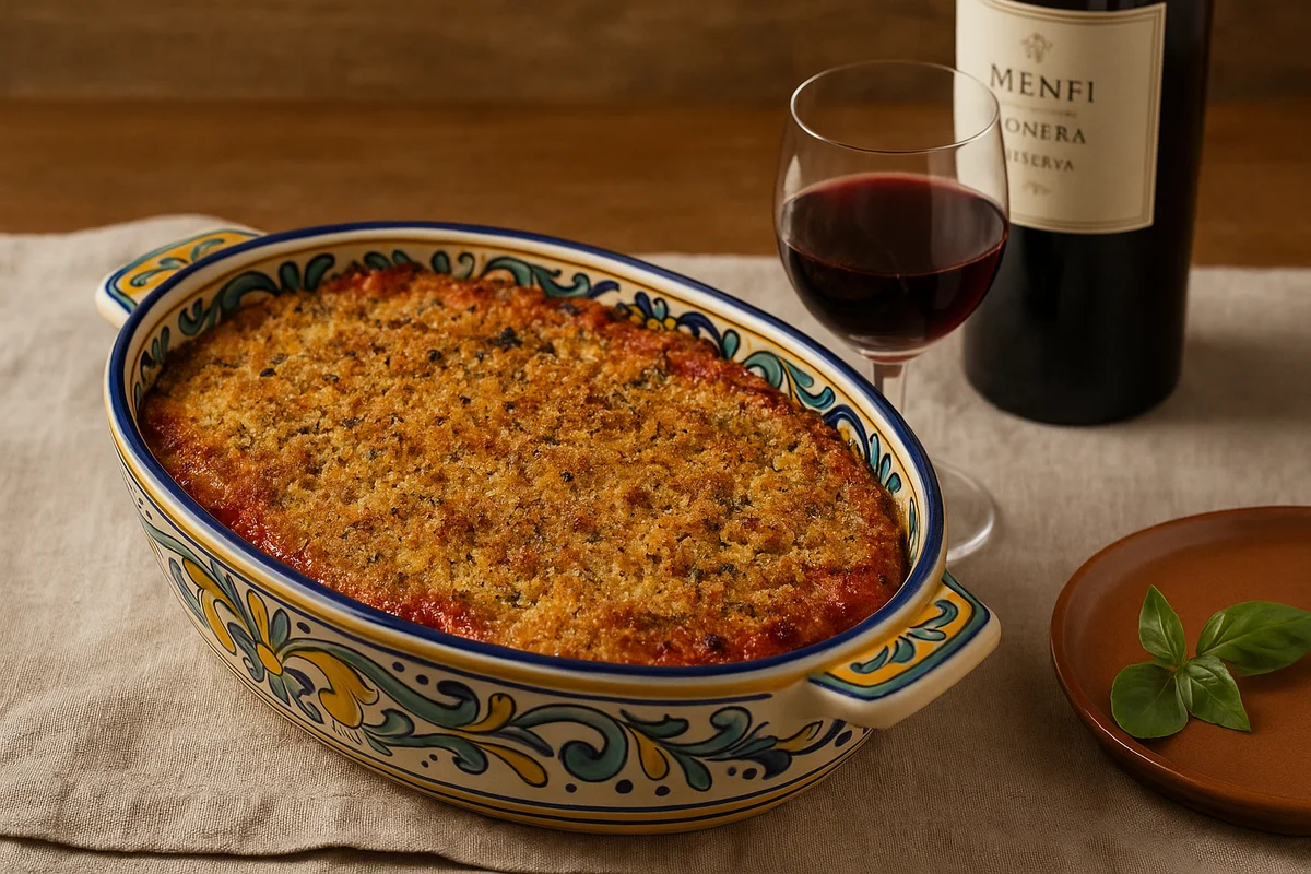 Timballo di peperoni dorato con pangrattato e caciocavallo servito in teglia di ceramica siciliana